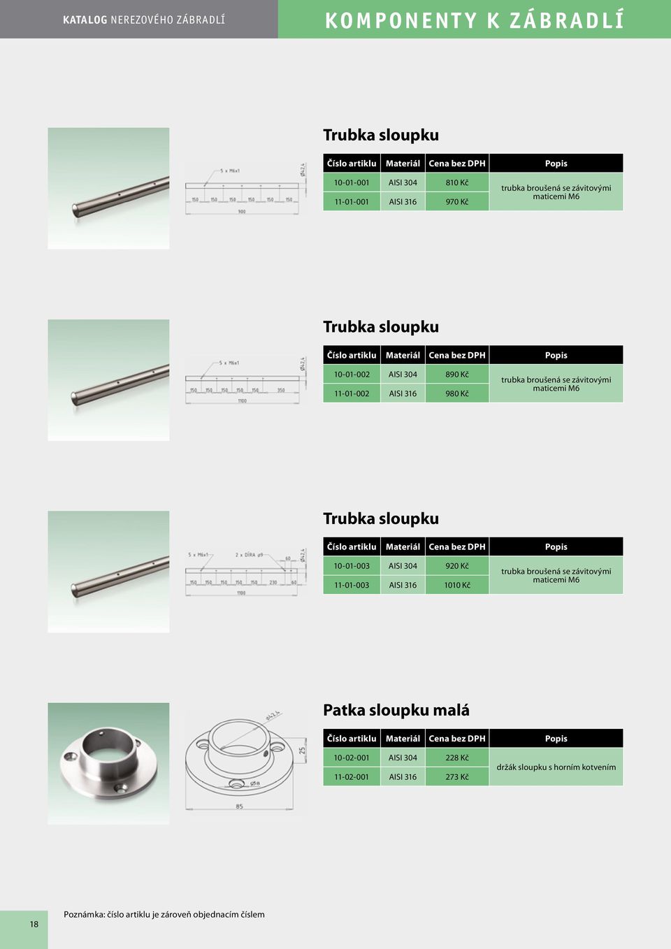 závitovými maticemi M6 Trubka sloupku 10-01-003 AISI 304 920 Kč 11-01-003 AISI 316 1010 Kč trubka broušená se