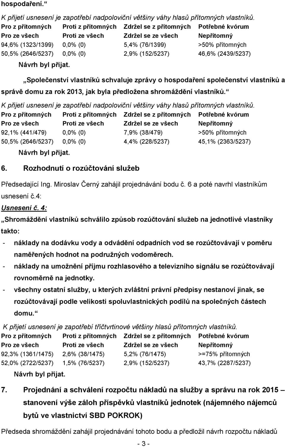 správě domu za rok 2013, jak byla předložena shromáždění vlastníků. 92,1% (441/479) 0,0% (0) 7,9% (38/479) >50% přítomných 50,5% (2646/5237) 0,0% (0) 4,4% (228/5237) 45,1% (2363/5237) 6.