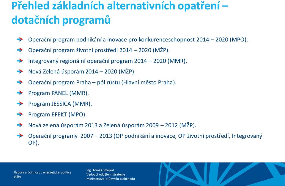Nová Zelená úsporám 2014 2020 (MŽP). Operační program Praha pól růstu (Hlavní město Praha). Program PANEL (MMR). Program JESSICA (MMR).