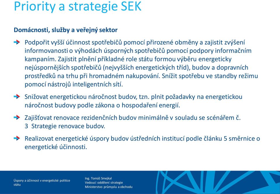 Zajistit plnění příkladné role formou výběru energeticky nejúspornějších spotřebičů (nejvyšších energetických tříd), budov a dopravních prostředků na trhu při hromadném nakupování.