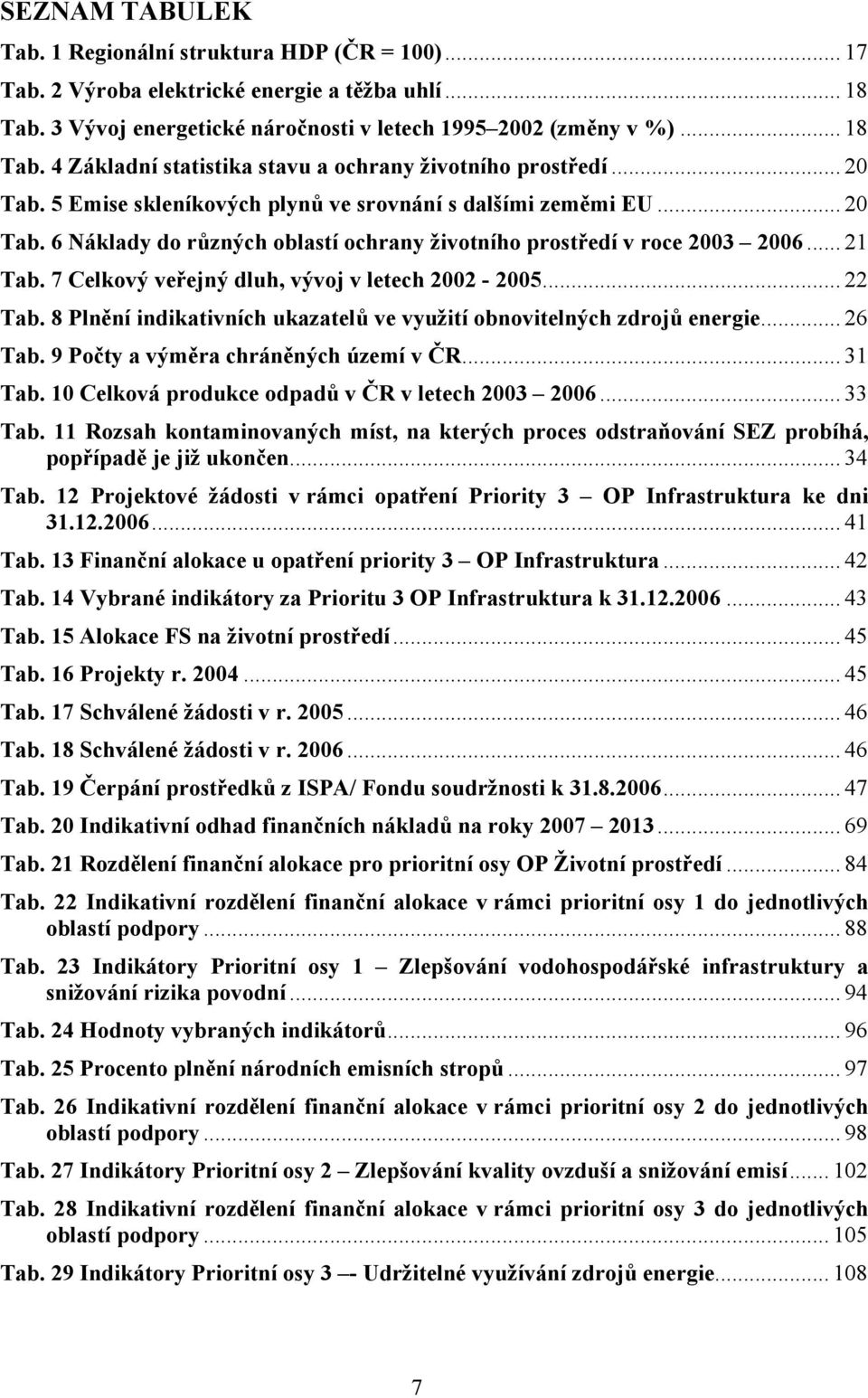 7 Celkový veřejný dluh, vývoj v letech 2002-2005... 22 Tab. 8 Plnění indikativních ukazatelů ve využití obnovitelných zdrojů energie... 26 Tab. 9 Počty a výměra chráněných území v ČR... 31 Tab.
