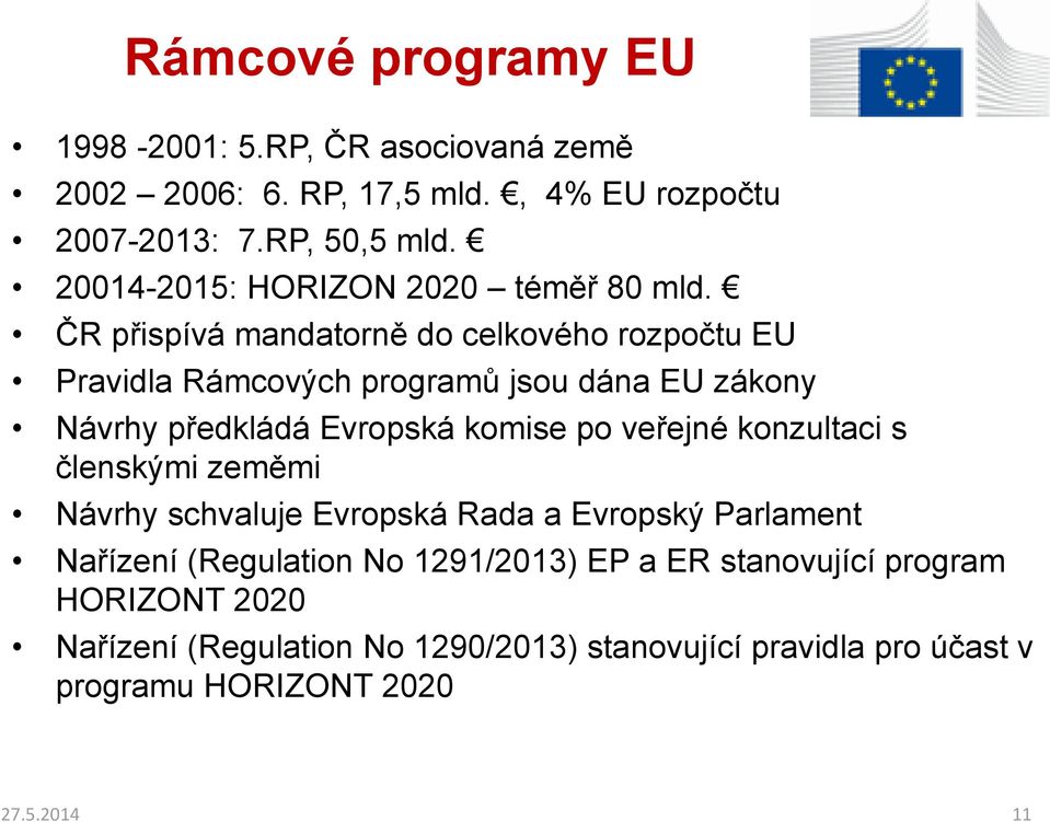 ČR přispívá mandatorně do celkového rozpočtu EU Pravidla Rámcových programů jsou dána EU zákony Návrhy předkládá Evropská komise po veřejné