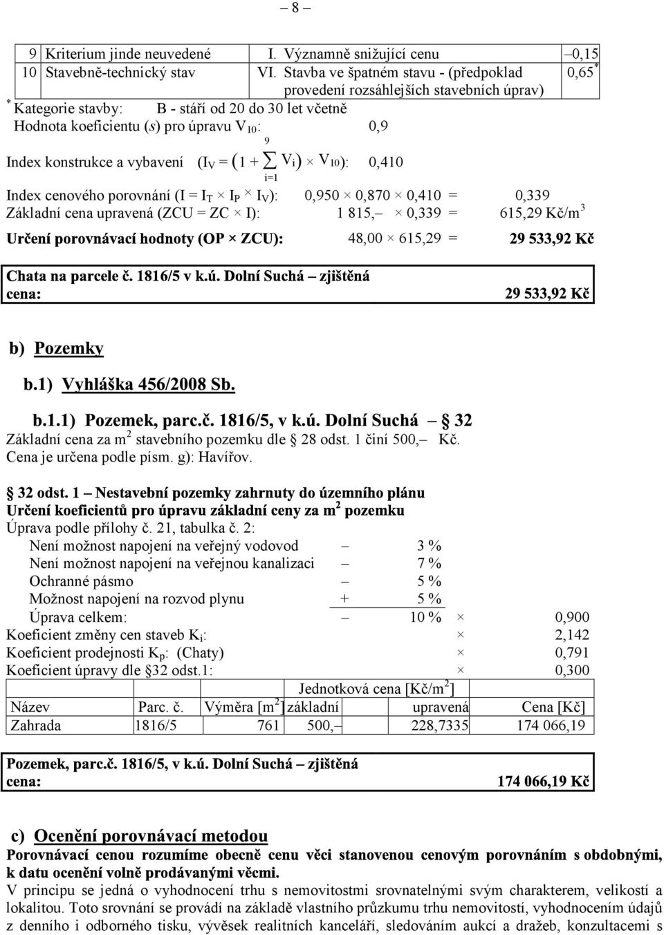 Index konstrukce a vybavení (I V = (1 + V i) V 10): i=1 0,410 Index cenového porovnání (I = I T I P I V ): 0,950 0,870 0,410 = 0,339 Základní cena upravená (ZCU = ZC I): 1 815, 0,339 = 615,29 Kč/m 3