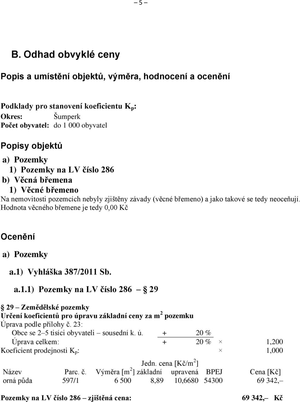 Hodnota věcného břemene je tedy 0,00 Kč Ocenění a) Pozemky a.1) Vyhláška 387/2011 Sb. a.1.1) Pozemky na LV číslo 286 29 29 Zemědělské pozemky Určení koeficientů pro úpravu základní ceny za m 2 pozemku Úprava podle přílohy č.