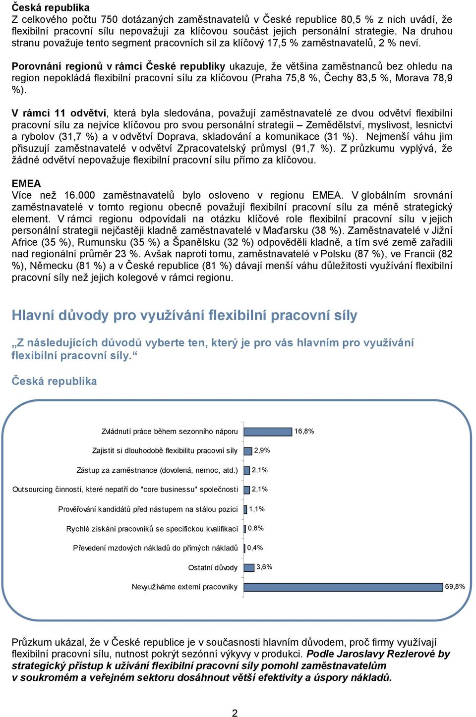 Porovnání regionů v rámci České republiky ukazuje, že většina zaměstnanců bez ohledu na region nepokládá flexibilní pracovní sílu za klíčovou (Praha 75,8 %, Čechy 83,5 %, Morava 78,9 %).