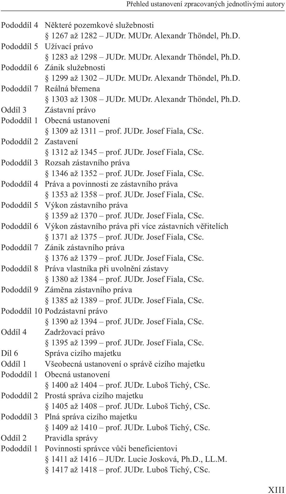 Pododdíl 2 zastavení 1312 až 1345 prof. judr. josef Fiala, CSc. Pododdíl 3 rozsah zástavního práva 1346 až 1352 prof. judr. josef Fiala, CSc. Pododdíl 4 Práva a povinnosti ze zástavního práva 1353 až 1358 prof.