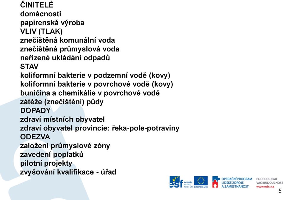 (kovy) buničina a chemikálie v povrchové vodě zátěže (znečištění) půdy DOPADY zdraví místních zdraví