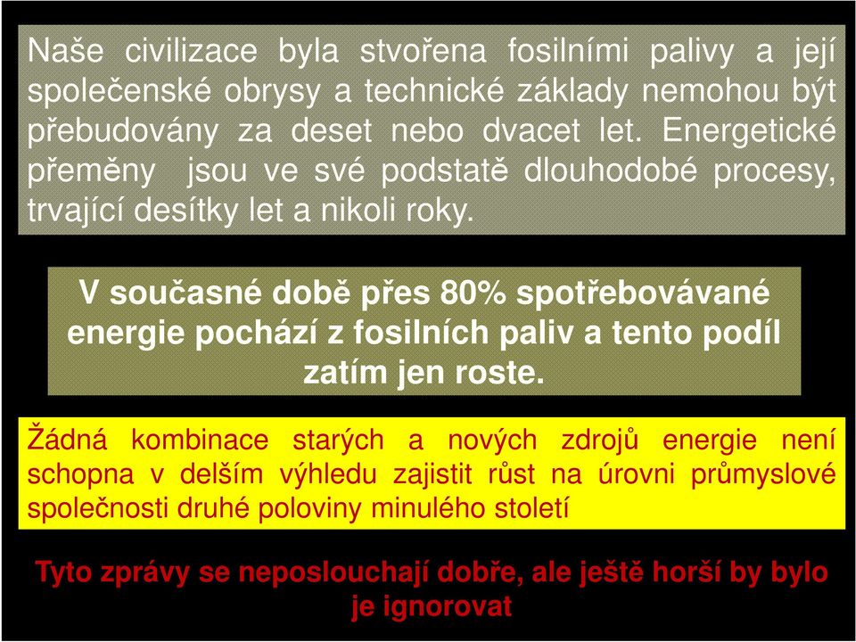 V současné době přes 80% spotřebovávané energie pochází z fosilních paliv a tento podíl zatím jen roste.