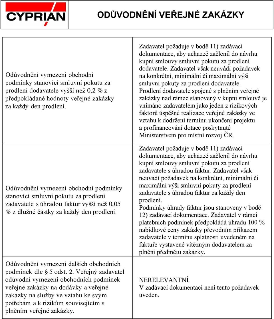 Odůvodnění vymezení dalších obchodních podmínek dle 5 odst. 2.