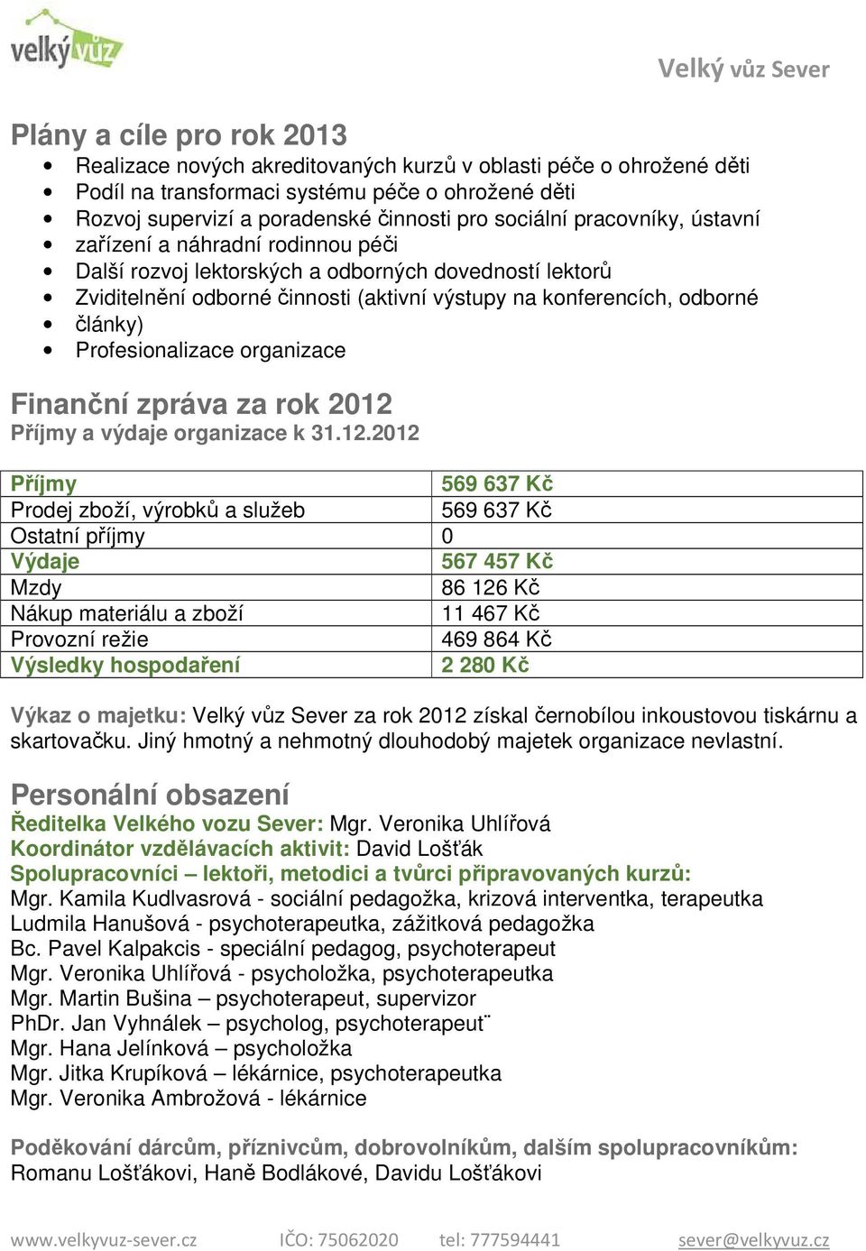 Profesionalizace organizace Finanční zpráva za rok 2012 