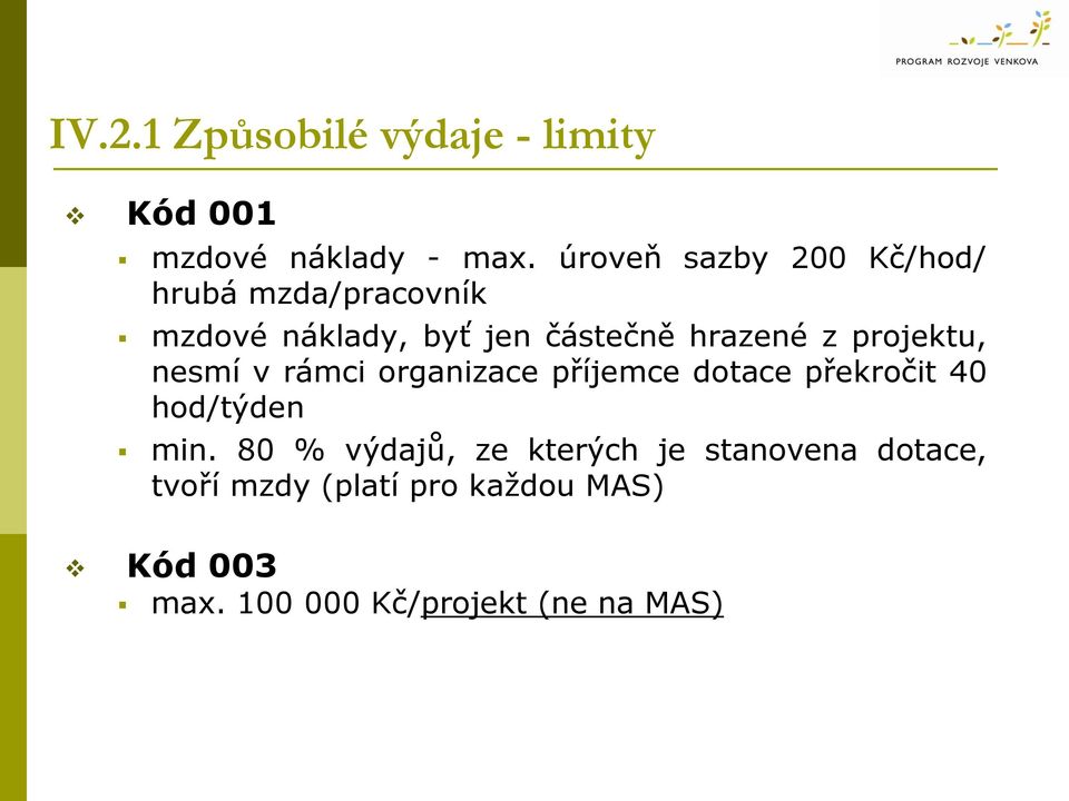 projektu, nesmí v rámci organizace příjemce dotace překročit 40 hod/týden min.