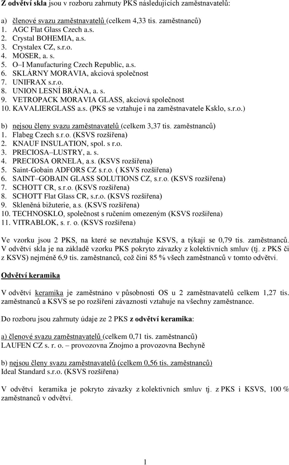 VETROPACK MORAVIA GLASS, akciová společnost 10. KAVALIERGLASS a.s. (PKS se vztahuje i na zaměstnavatele Ksklo, s.r.o.) b) nejsou členy svazu zaměstnavatelů (celkem 3,37 tis. zaměstnanců) 1.