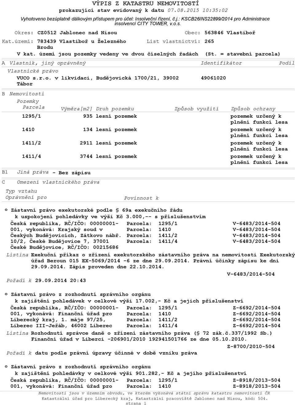 území: 783439 Vlastibř u Železnéh List vlastnictví: 265 Brdu V kat. území jsu pzemky vedeny ve dvu číselných řadách (St.