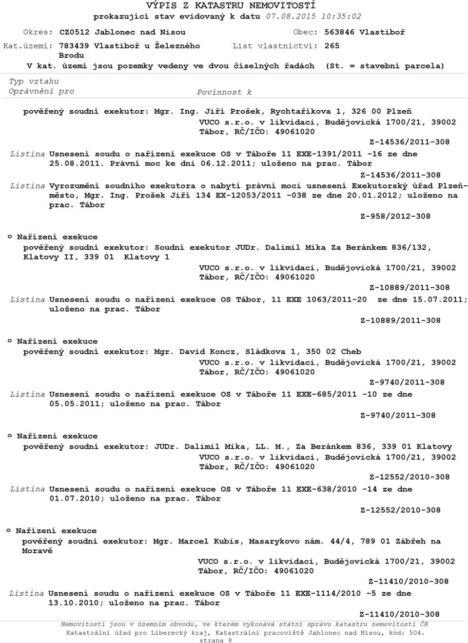 ela) pvěřený sudní exekutr: Mgr. Ing. Jiří Pršek, Rychtaříkva 1, 326 00 Plzeň VUCO s.r.. v likvidaci, Budějvická 1700/21, 39002 Tábr, RČ/IČO: 49061020 Z-14536/2011-308 Usnesení sudu nařízení exekuce OS v Tábře 11 EXE-1391/2011-16 ze dne 25.