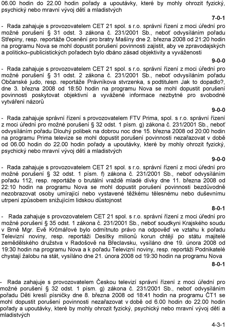 března 2008 od 21:20 hodin na programu Nova se mohl dopustit porušení povinnosti zajistit, aby ve zpravodajských a politicko publicistických pořadech bylo dbáno zásad objektivity a vyváženosti 9-0-0