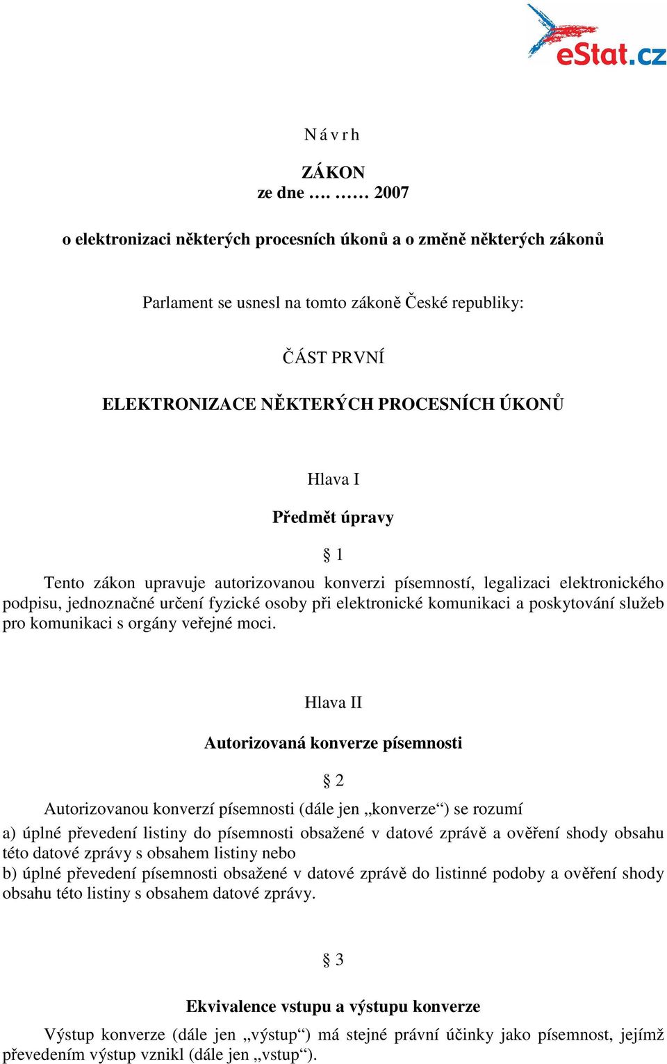 úpravy 1 Tento zákon upravuje autorizovanou konverzi písemností, legalizaci elektronického podpisu, jednoznačné určení fyzické osoby při elektronické komunikaci a poskytování služeb pro komunikaci s