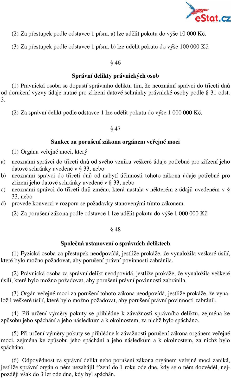 podle 31 odst. 3. (2) Za správní delikt podle odstavce 1 lze udělit pokutu do výše 1 000 000 Kč.