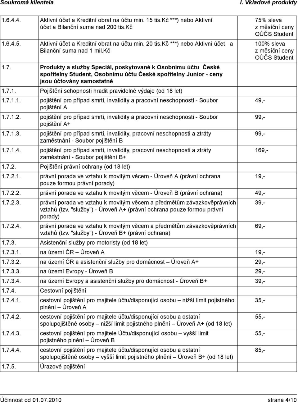 Produkty a služby Speciál, poskytované k Osobnímu účtu České spořitelny Student, Osobnímu účtu České spořitelny Junior - ceny jsou účtovány samostatně 1.