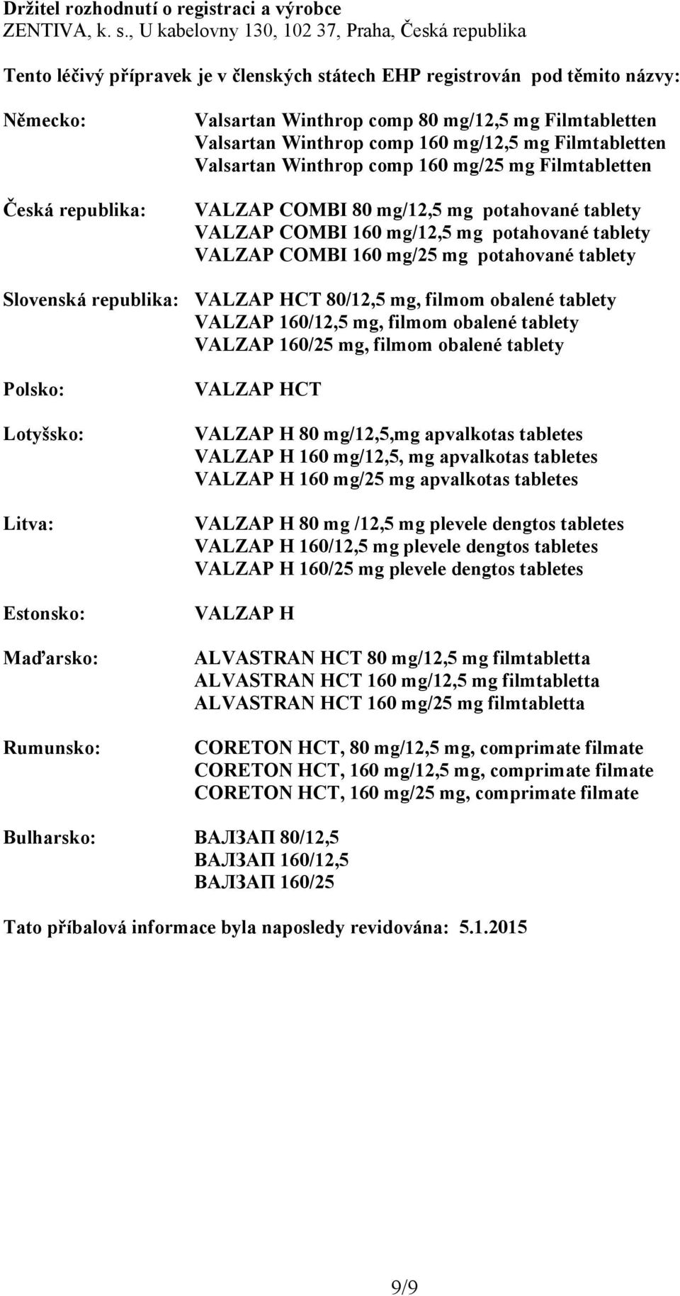 Filmtabletten Valsartan Winthrop comp 160 mg/12,5 mg Filmtabletten Valsartan Winthrop comp 160 mg/25 mg Filmtabletten VALZAP COMBI 80 mg/12,5 mg potahované tablety VALZAP COMBI 160 mg/12,5 mg