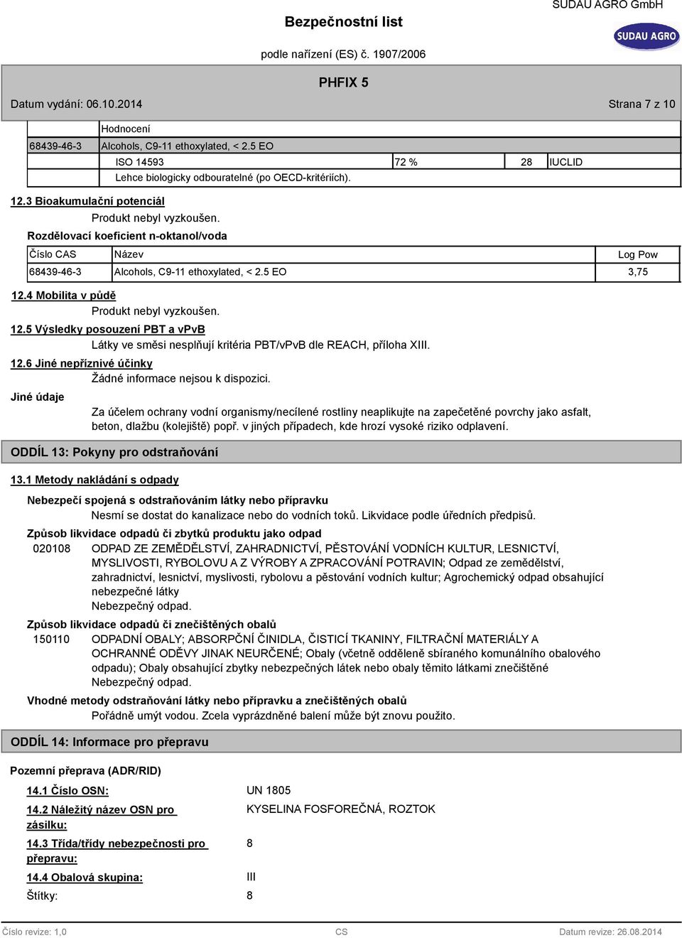 4 Mobilita v půdě Produkt nebyl vyzkoušen. 12.5 Výsledky posouzení PBT a vpvb Látky ve směsi nesplňují kritéria PBT/vPvB dle REACH, příloha XIII. 12.6 Jiné nepříznivé účinky Žádné informace nejsou k dispozici.