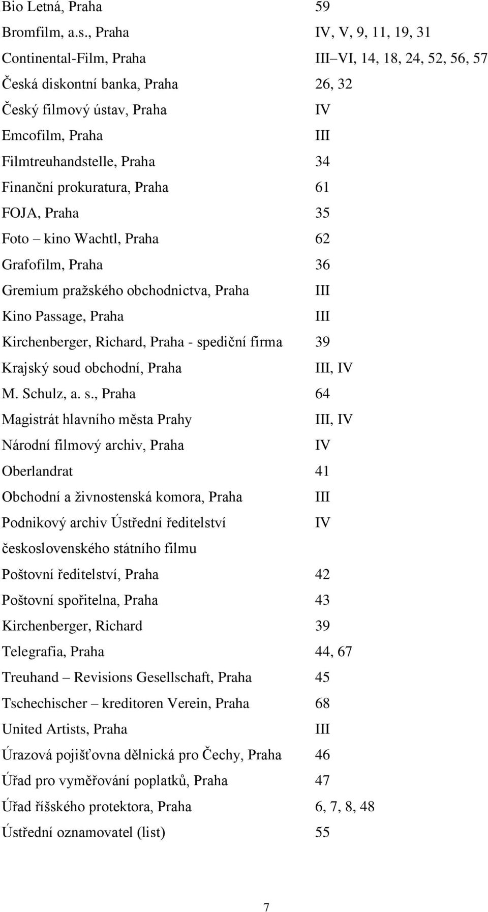 Finanční prokuratura, Praha 61 FOJA, Praha 35 Foto kino Wachtl, Praha 62 Grafofilm, Praha 36 Gremium pražského obchodnictva, Praha III Kino Passage, Praha III Kirchenberger, Richard, Praha - spediční