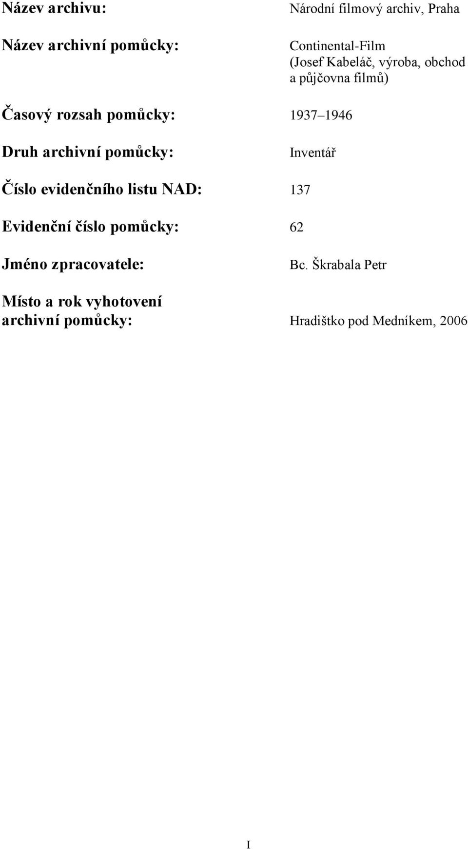 pomůcky: Inventář Číslo evidenčního listu NAD: 137 Evidenční číslo pomůcky: 62 Jméno