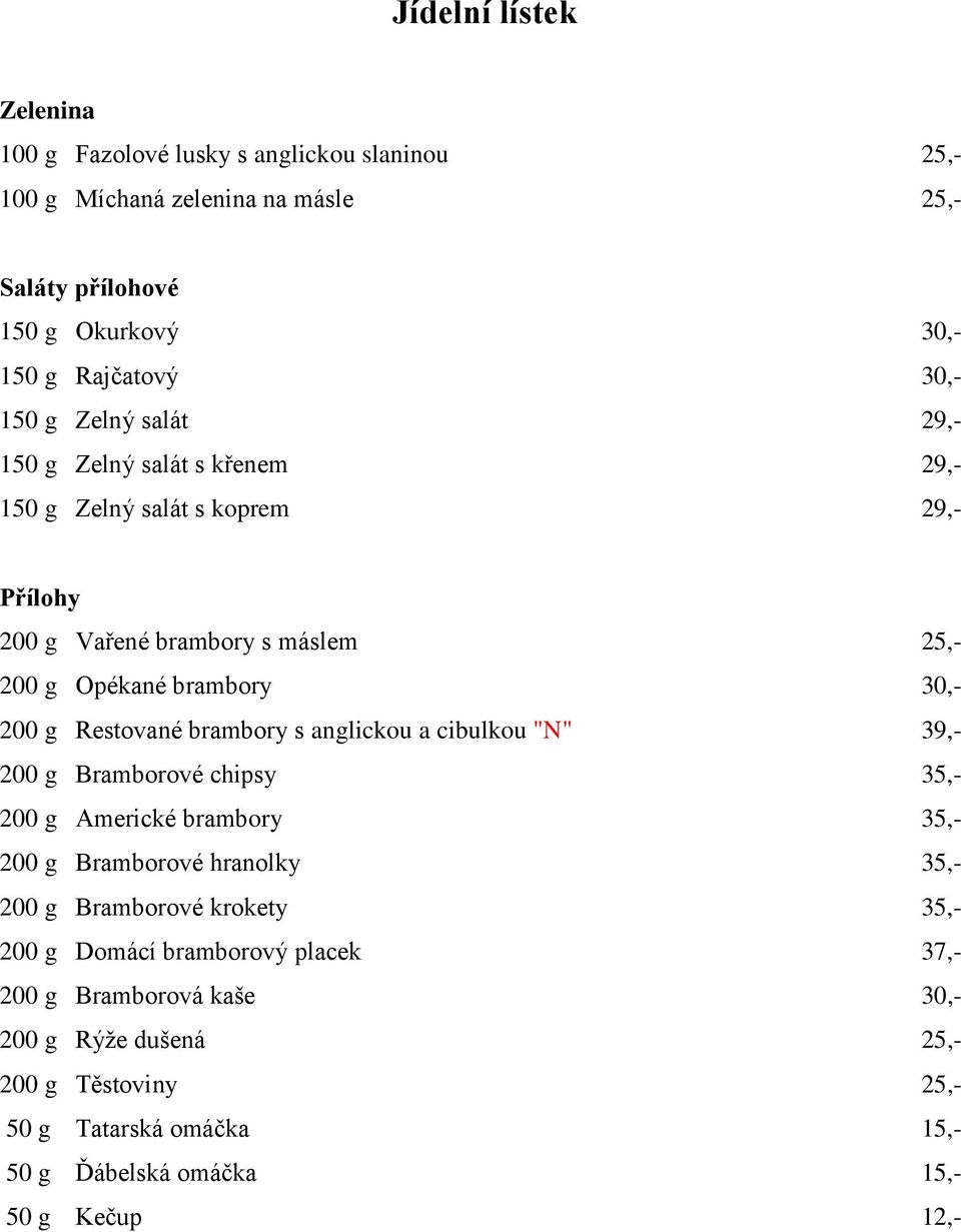 brambory s anglickou a cibulkou "N" 39,- 200 g Bramborové chipsy 35,- 200 g Americké brambory 35,- 200 g Bramborové hranolky 35,- 200 g Bramborové krokety 35,- 200
