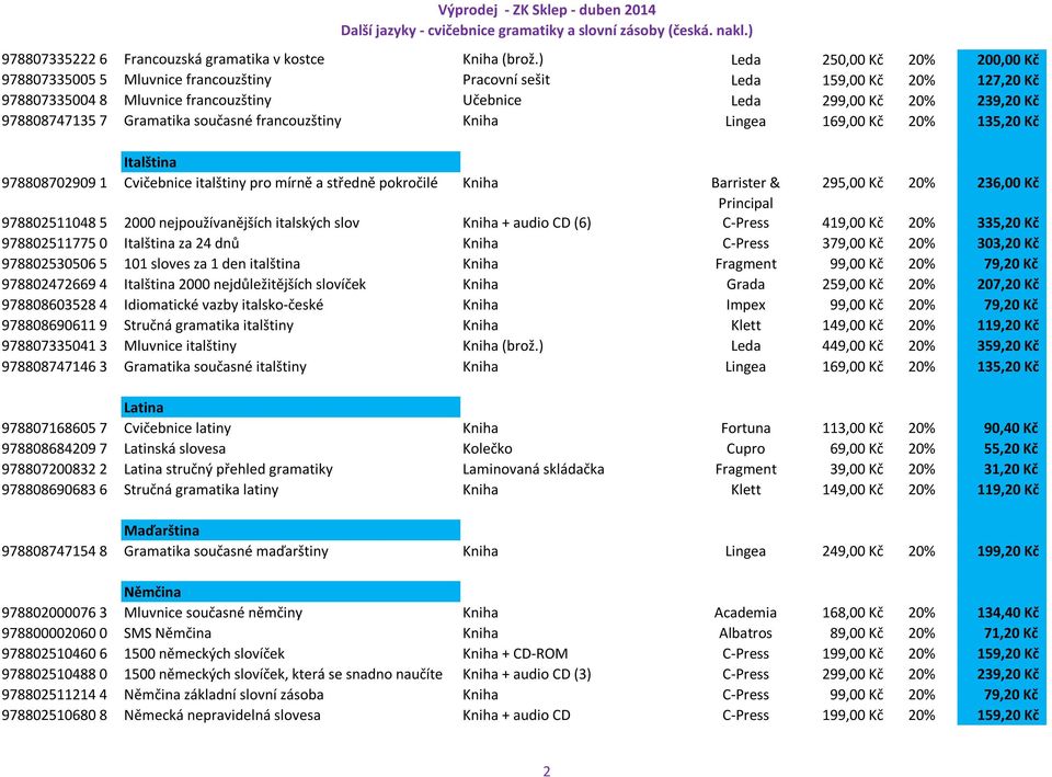 978808747135 7 Gramatika současné francouzštiny Kniha Lingea 169,00 Kč 20% 135,20 Kč Italština 978808702909 1 Cvičebnice italštiny pro mírně a středně pokročilé Kniha Barrister & 295,00 Kč 20% 236,00