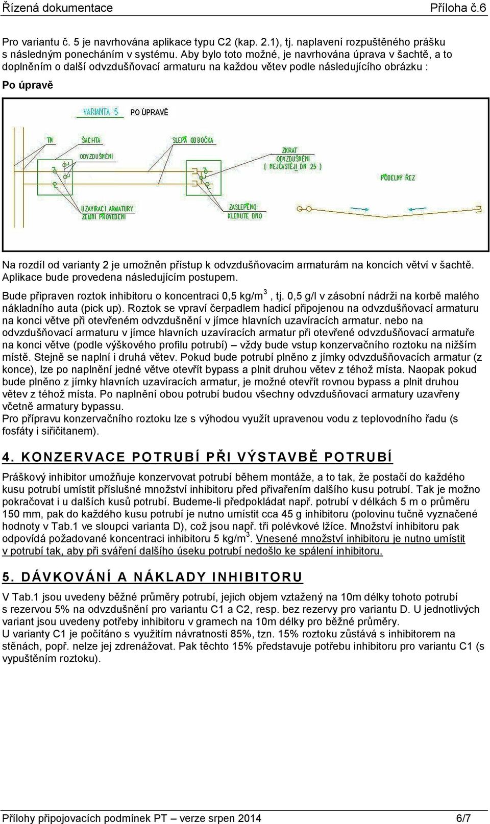 odvzdušňovacím armaturám na koncích větví v šachtě. Aplikace bude provedena následujícím postupem. Bude připraven roztok inhibitoru o koncentraci 0,5 kg/m 3, tj.