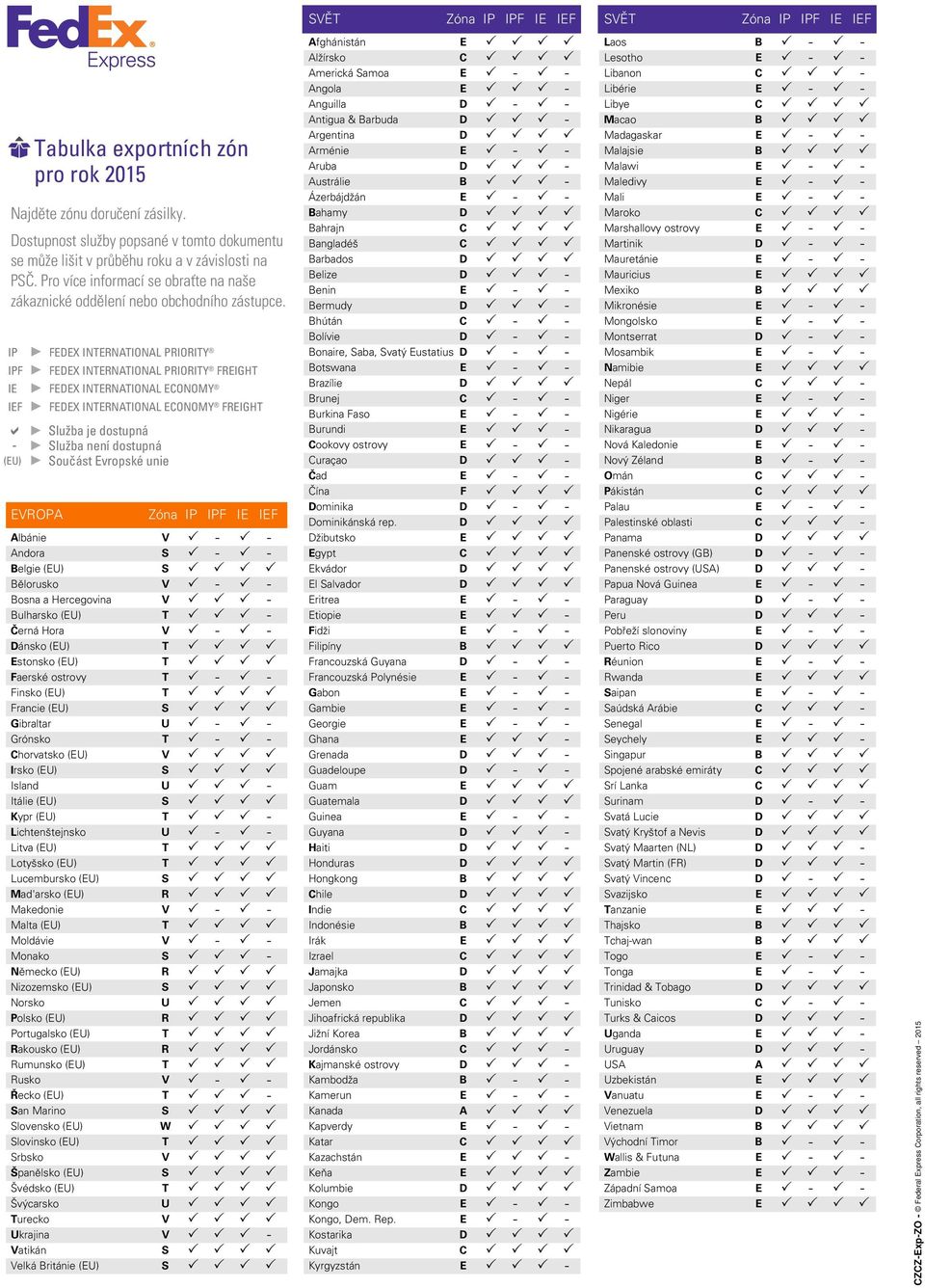 (EU) EVROPA FEDEX International economy FreiGHt Služba je dostupná Služba není dostupná Součást Evropské unie Zóna IP IPF IE IEF Albánie V P - P - Andora S P - P - Belgie (EU) S P P P P Bělorusko V P