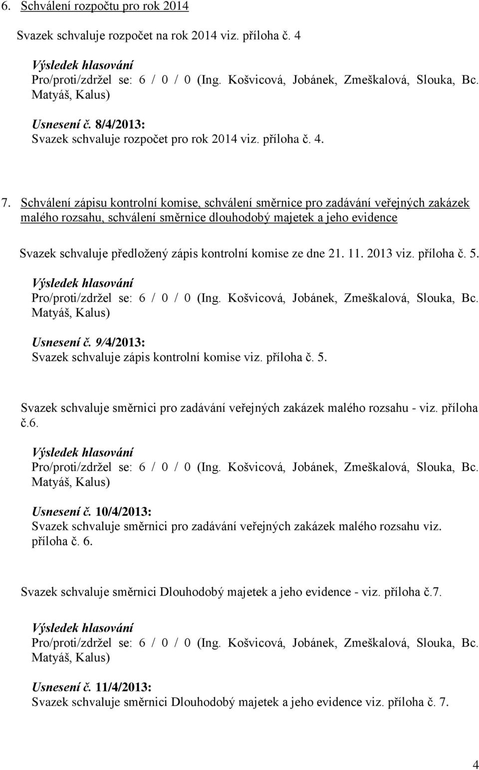 komise ze dne 21. 11. 2013 viz. příloha č. 5. Usnesení č. 9/4/2013: Svazek schvaluje zápis kontrolní komise viz. příloha č. 5. Svazek schvaluje směrnici pro zadávání veřejných zakázek malého rozsahu - viz.