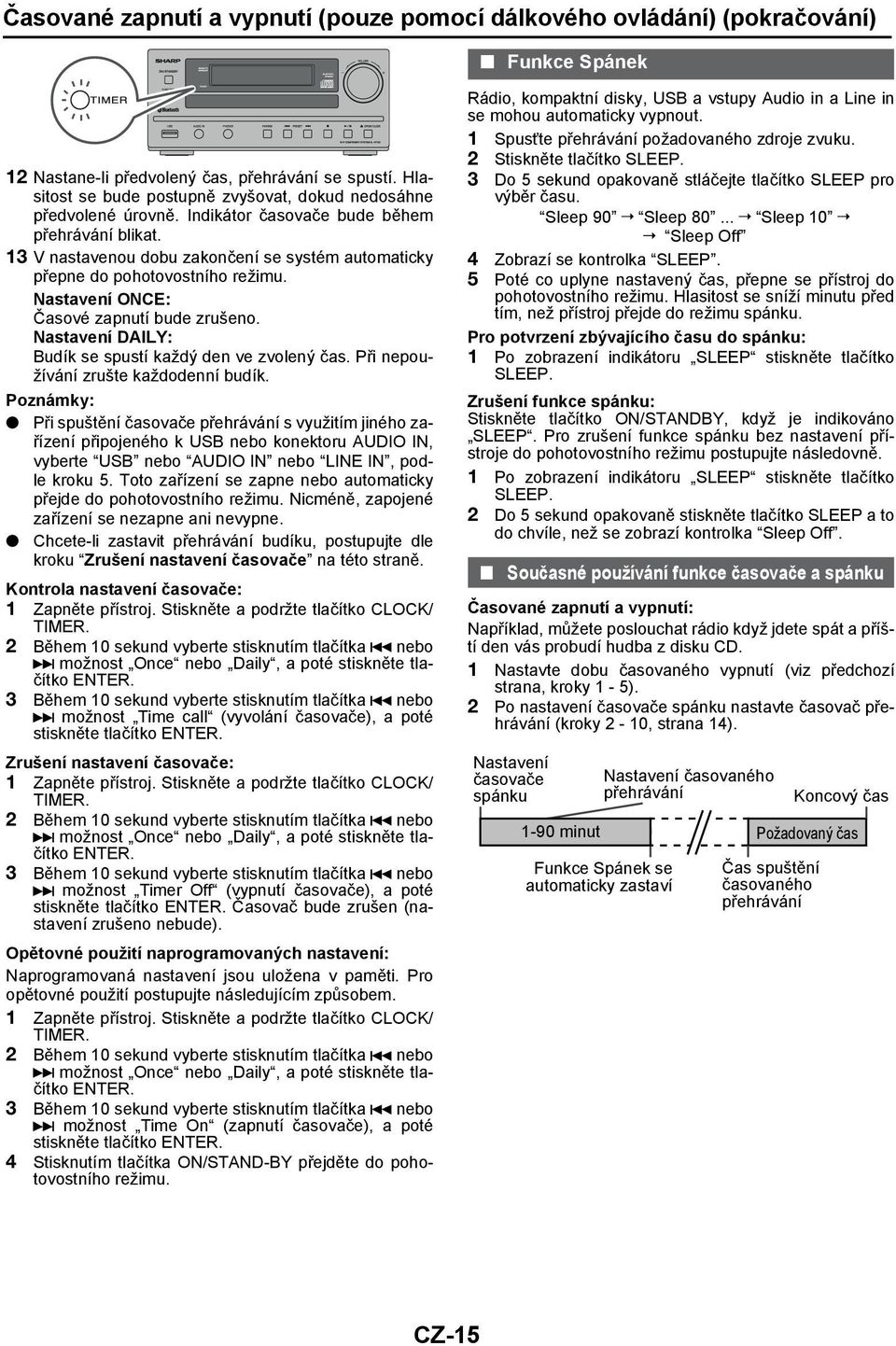 13 V nastavenou dobu zakončení se systém automaticky přepne do pohotovostního režimu. Nastavení ONCE: Časové zapnutí bude zrušeno. Nastavení DAILY: Budík se spustí každý den ve zvolený čas.