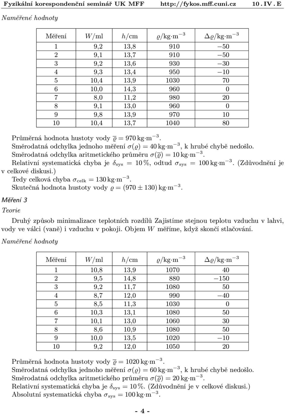 Směrodatná odchylka aritmetického průměru σ(ϱ) = 10 kg m 3. Relativní systematická chyba je δ sys = 10 %, odtud σ sys = 100 kg m 3. (Zdůvodnění je v celkové diskusi.