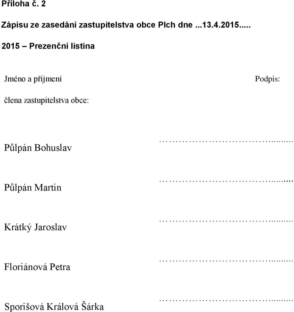 2015... 2015 Prezenční listina Jméno a příjmení Podpis: