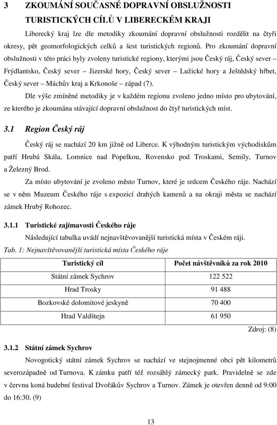 Pro zkoumání dopravní obslužnosti v této práci byly zvoleny turistické regiony, kterými jsou Český ráj, Český sever Frýdlantsko, Český sever Jizerské hory, Český sever Lužické hory a Ještědský hřbet,