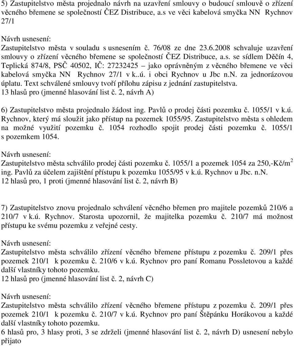 .ú. i obci Rychnov u Jbc n.n. za jednorázovou úplatu. Text schválené smlouvy tvoří přílohu zápisu z jednání zastupitelstva. 13 hlasů pro (jmenné hlasování list č.