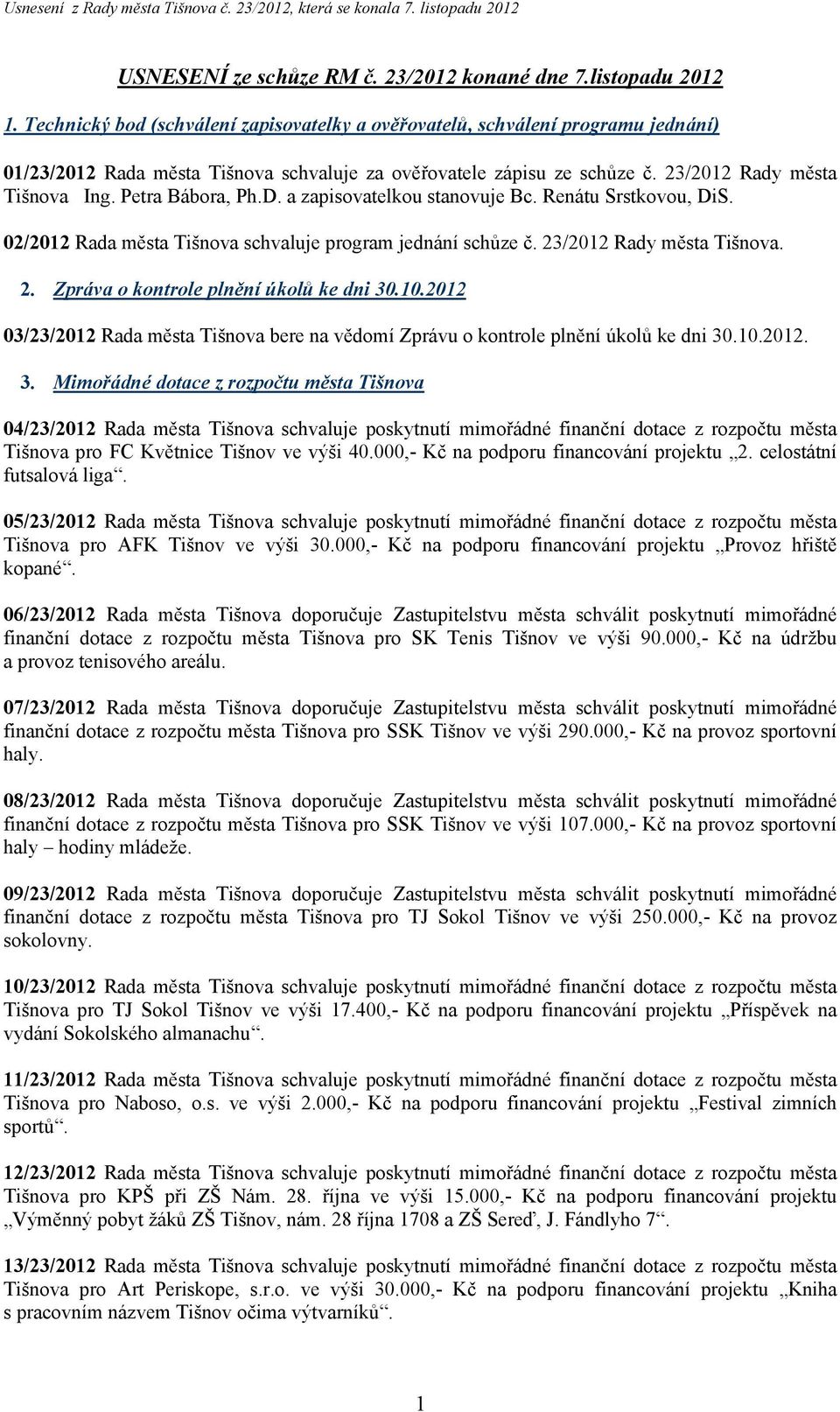 Petra Bábora, Ph.D. a zapisovatelkou stanovuje Bc. Renátu Srstkovou, DiS. 02/2012 Rada města Tišnova schvaluje program jednání schůze č. 23/2012 Rady města Tišnova. 2. Zpráva o kontrole plnění úkolů ke dni 30.