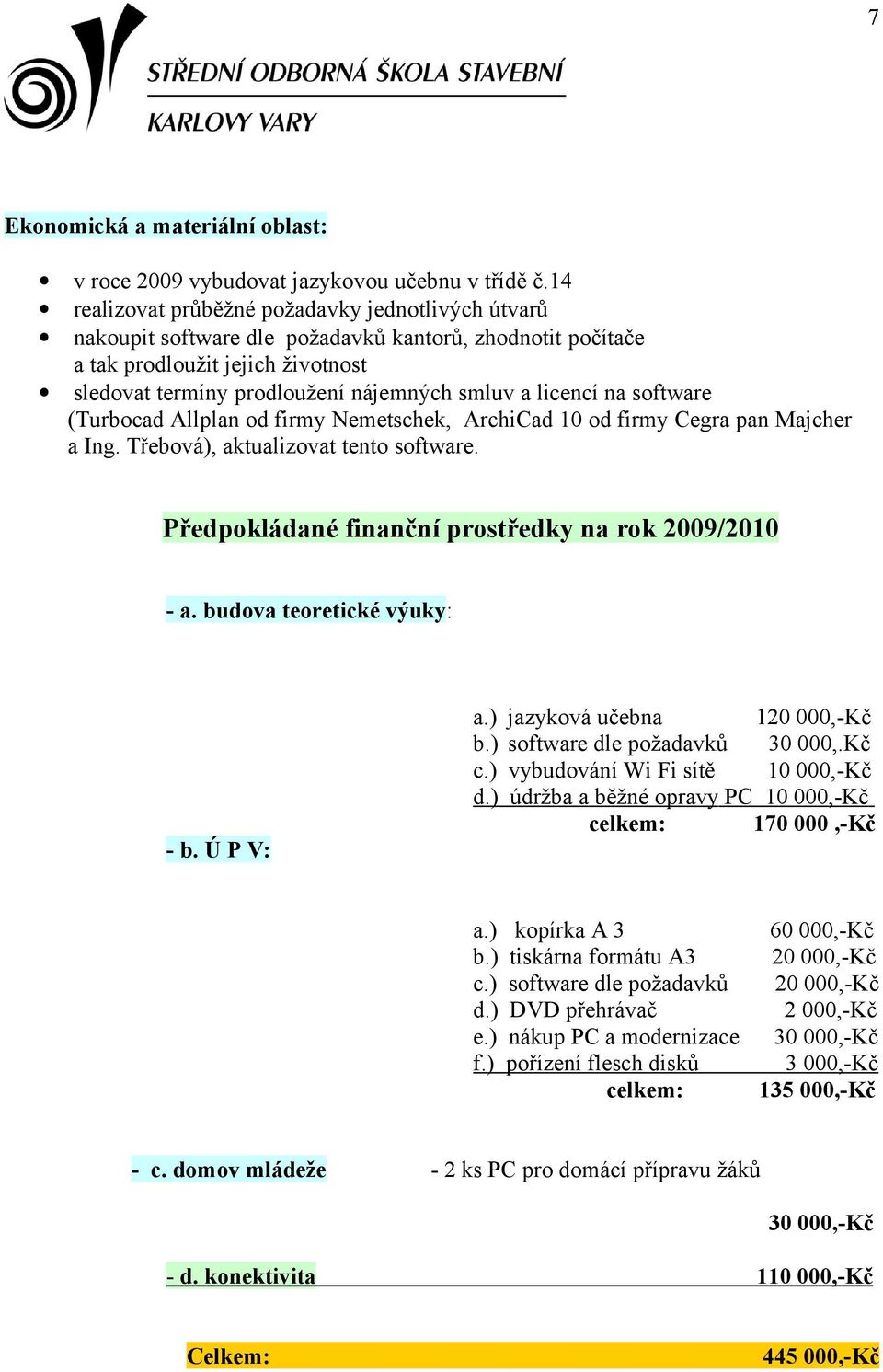 licencí na software (Turbocad Allplan od firmy Nemetschek, ArchiCad 10 od firmy Cegra pan Majcher a Ing. Třebová), aktualizovat tento software. Předpokládané finanční prostředky na rok 2009/2010 - a.