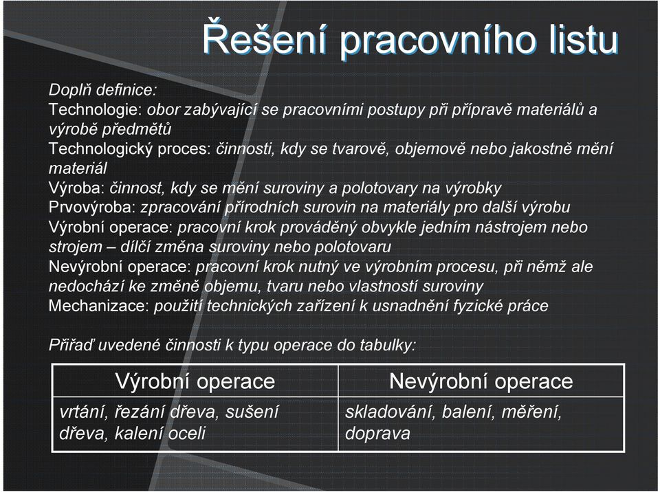 obvykle jedním nástrojem nebo strojem dílčí změna suroviny nebo polotovaru Nevýrobní operace: pracovní krok nutný ve výrobním procesu, při němž ale nedochází ke změně objemu, tvaru nebo vlastností