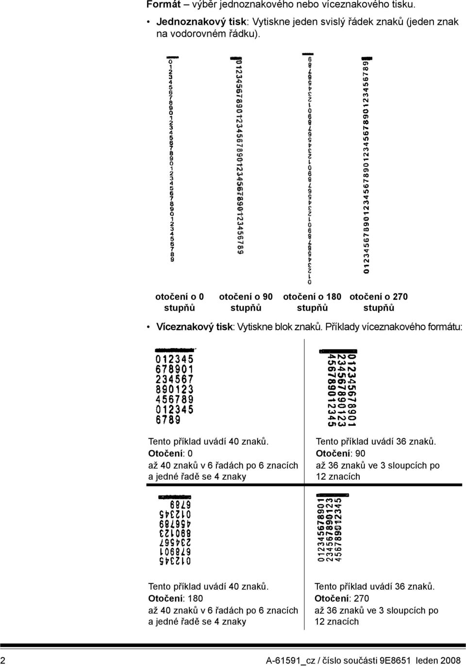 Příklady víceznakového formátu: Tento příklad uvádí 40 znaků. Otočení: 0 až 40 znaků v6 řadách po 6 znacích a jedné řadě se 4 znaky Tento příklad uvádí 36 znaků.