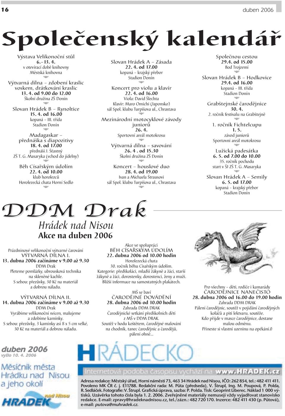 Masaryka (vchod do jídelny) Běh Císařským údolím 22. 4. od 10.00 klub horolezců Horolezecká chata Horní Sedlo Prázdninové velikonoční výtvarné čarování VÝTVARNÁ DÍLNA I. 13. dubna 2006 začínáme v 9.