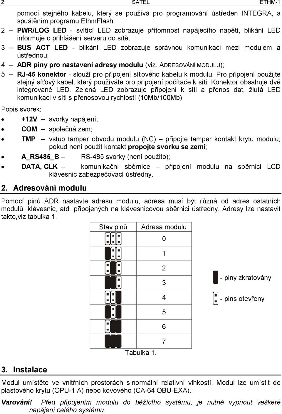ústřednou; 4 ADR piny pro nastavení adresy modulu (viz. ADRESOVÁNÍ MODULU); 5 RJ-45 konektor - slouží pro připojení síťového kabelu k modulu.