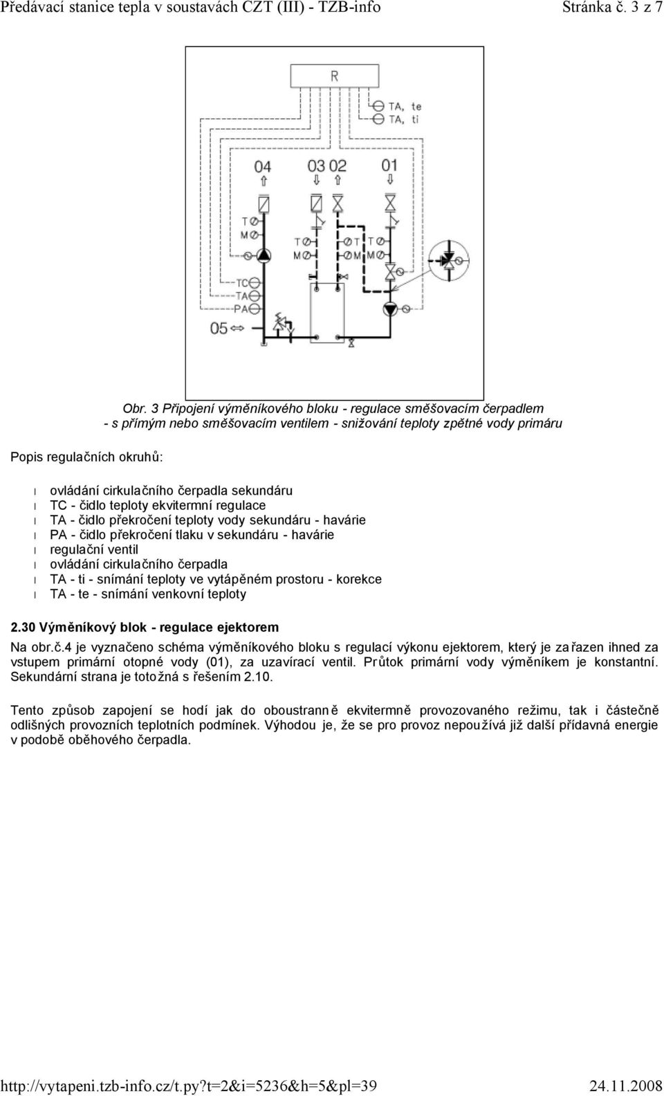 čerpadla 2.30 Výměníkový blok - regulace ejektorem Na obr.č.4 je vyznačeno schéma výměníkového bloku s regulací výkonu ejektorem, který je zařazen ihned za vstupem primární otopné vody (01), za uzavírací ventil.