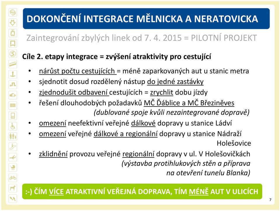 cestujících = zrychlit dobu jízdy řešení dlouhodobých požadavků MČ Ďáblice a MČ Březiněves (dublované spoje kvůli nezaintegrované dopravě) omezení neefektivní veřejné dálkové dopravy u stanice