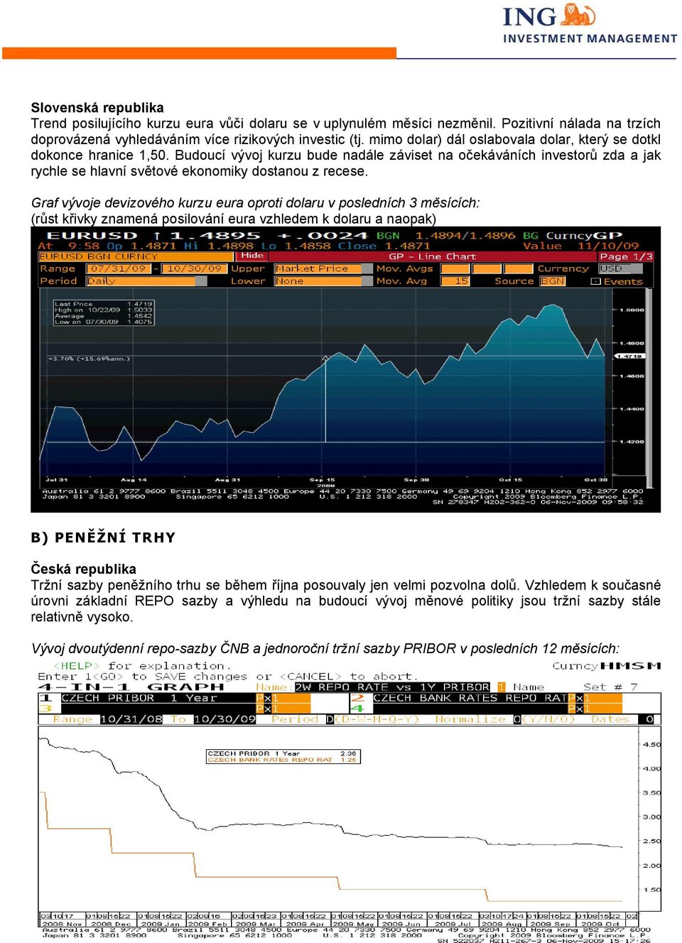 Graf vývoje devizového kurzu eura oproti dolaru v posledních 3 měsících: (růst křivky znamená posilování eura vzhledem k dolaru a naopak) B) PENĚŽNÍ TRHY Česká republika Tržní sazby peněžního trhu se