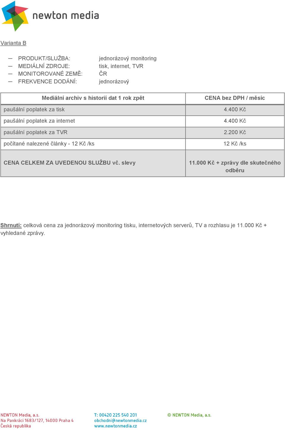 články - 12 Kč /ks CENA bez DPH / měsíc 4.400 Kč 4.400 Kč 2.200 Kč 12 Kč /ks CENA CELKEM ZA UVEDENOU SLUŽBU vč. slevy 11.