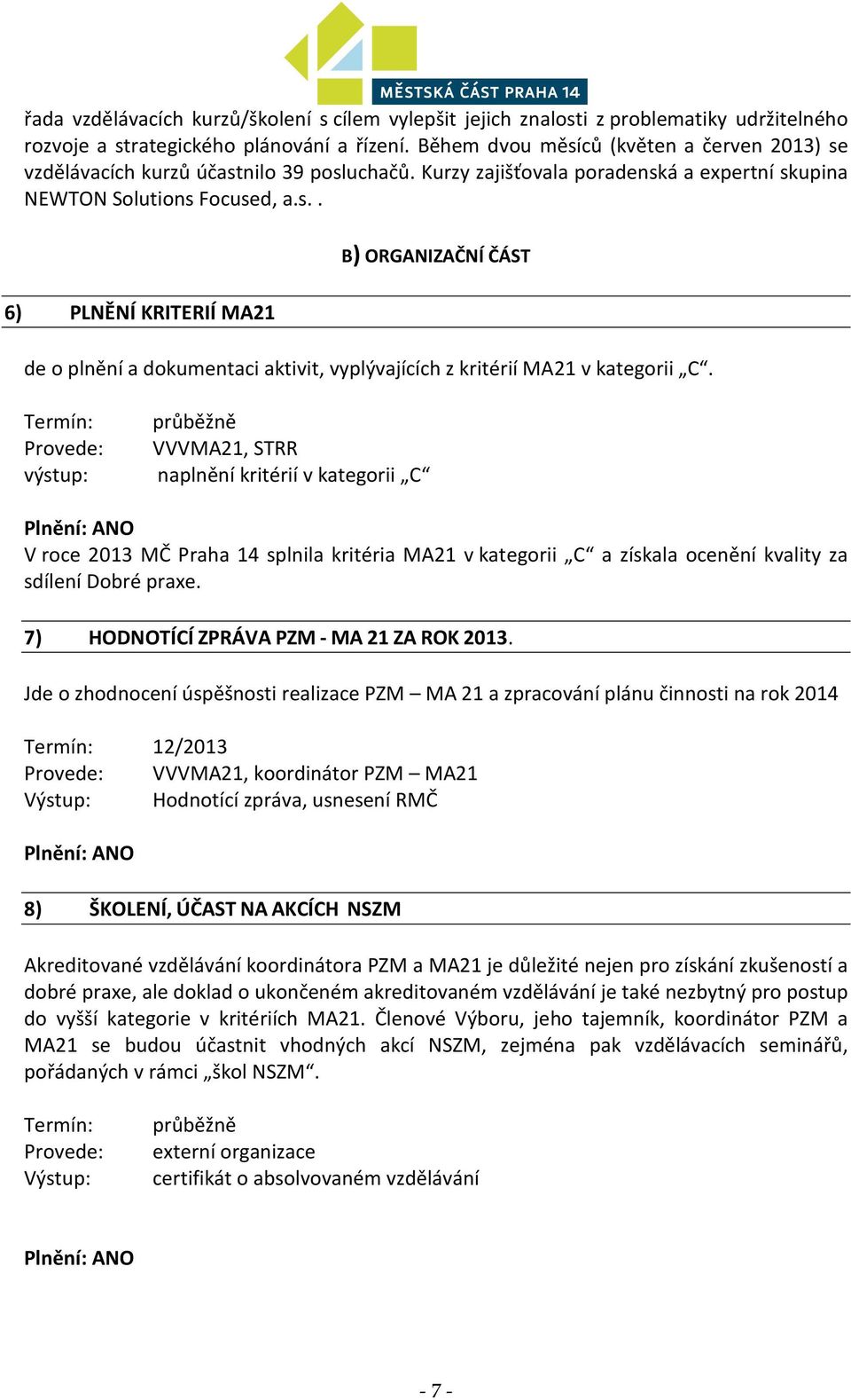 Termín: Provede: výstup: průběžně VVVMA21, STRR naplnění kritérií v kategorii C V roce 2013 MČ Praha 14 splnila kritéria MA21 v kategorii C a získala ocenění kvality za sdílení Dobré praxe.