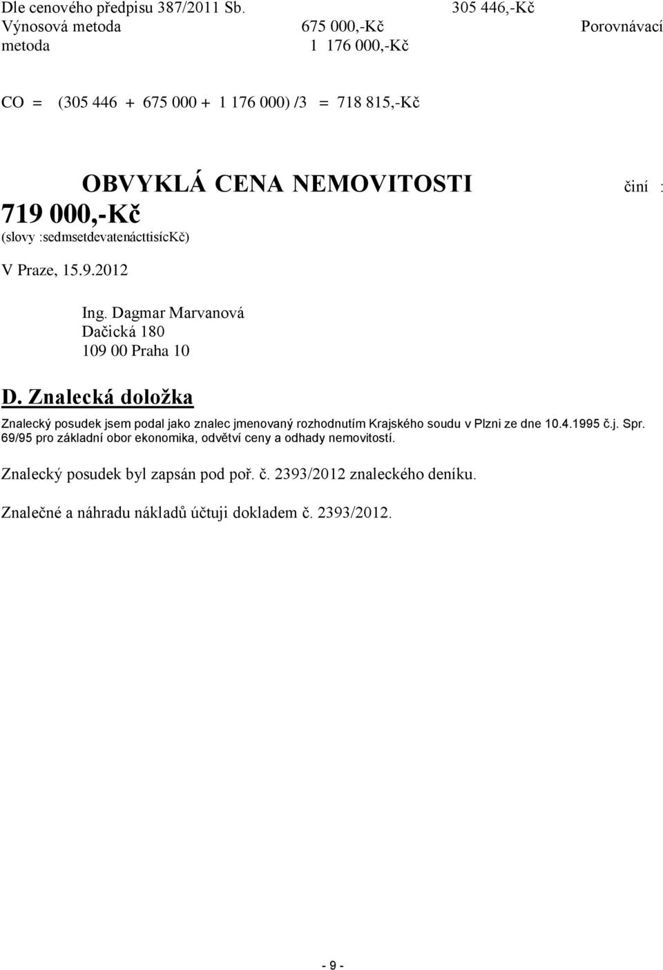 719 000,-Kč (slovy :sedmsetdevatenácttisíckč) V Praze, 15.9.2012 Ing. Dagmar Marvanová Dačická 180 109 00 Praha 10 D.