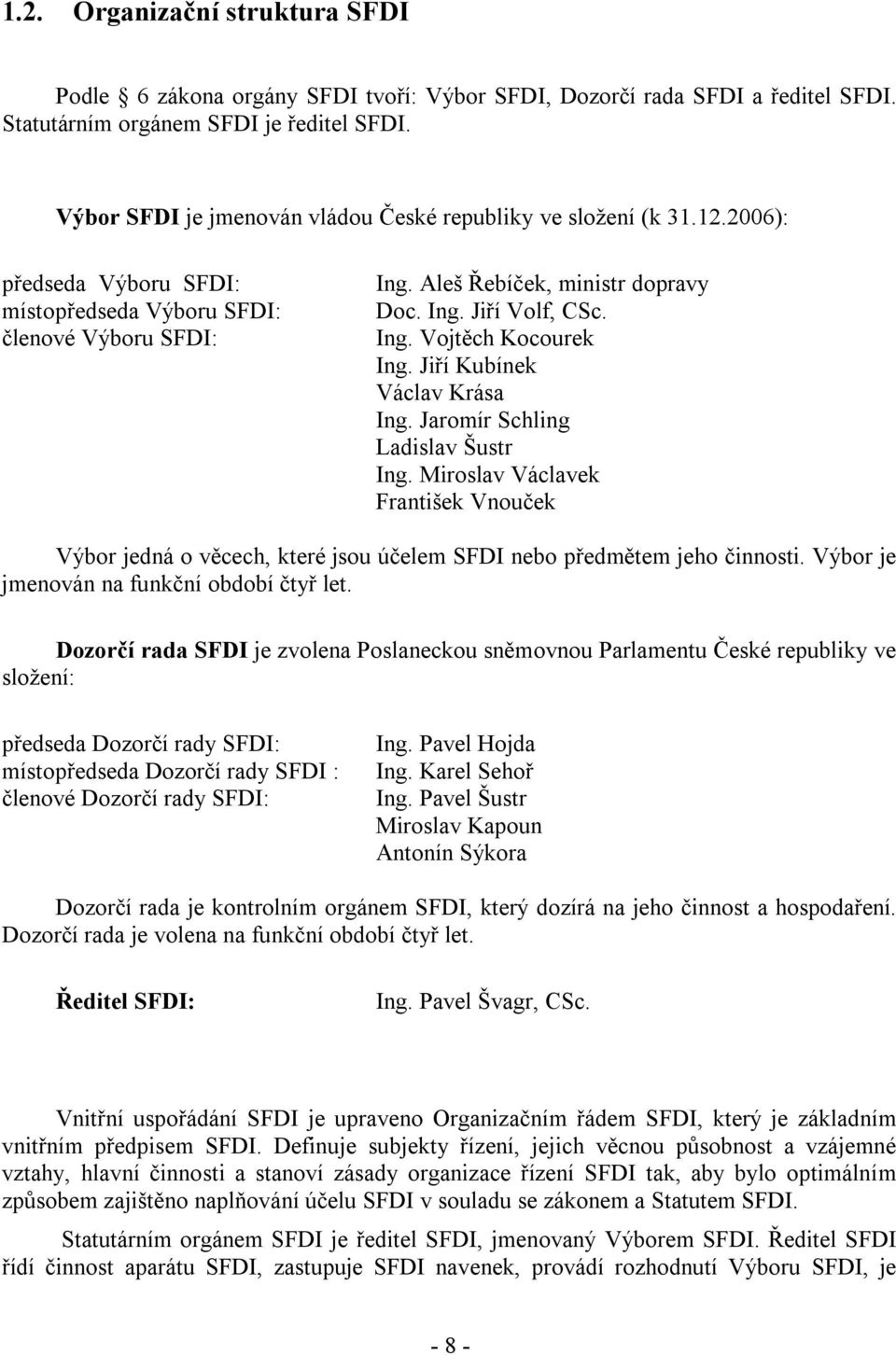 Ing. Vojtěch Kocourek Ing. Jiří Kubínek Václav Krása Ing. Jaromír Schling Ladislav Šustr Ing.