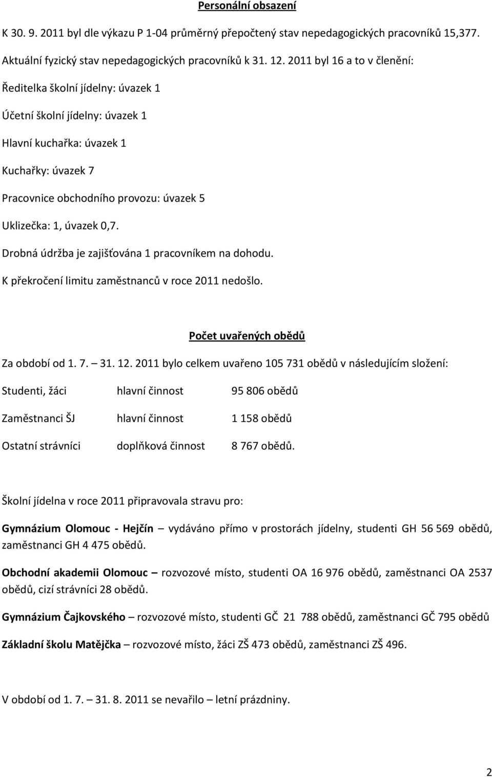 úvazek 0,7. Drobná údržba je zajišťována 1 pracovníkem na dohodu. K překročení limitu zaměstnanců v roce 2011 nedošlo. Počet uvařených obědů Za období od 1. 7. 31. 12.